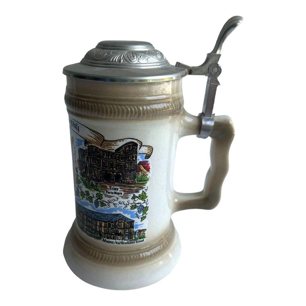 Vintage German Stein w Screened Horse Drawn Beer Wagon & Pewter Lid MINT